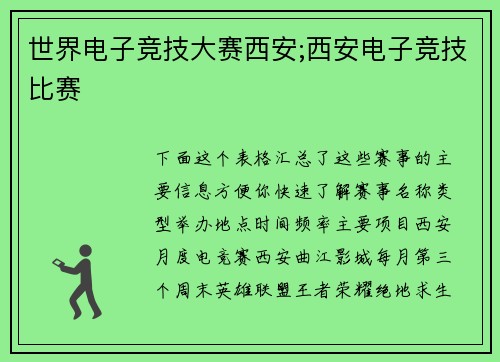 世界电子竞技大赛西安;西安电子竞技比赛